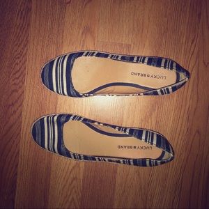 Navy blue & white striped espadrilles wedges